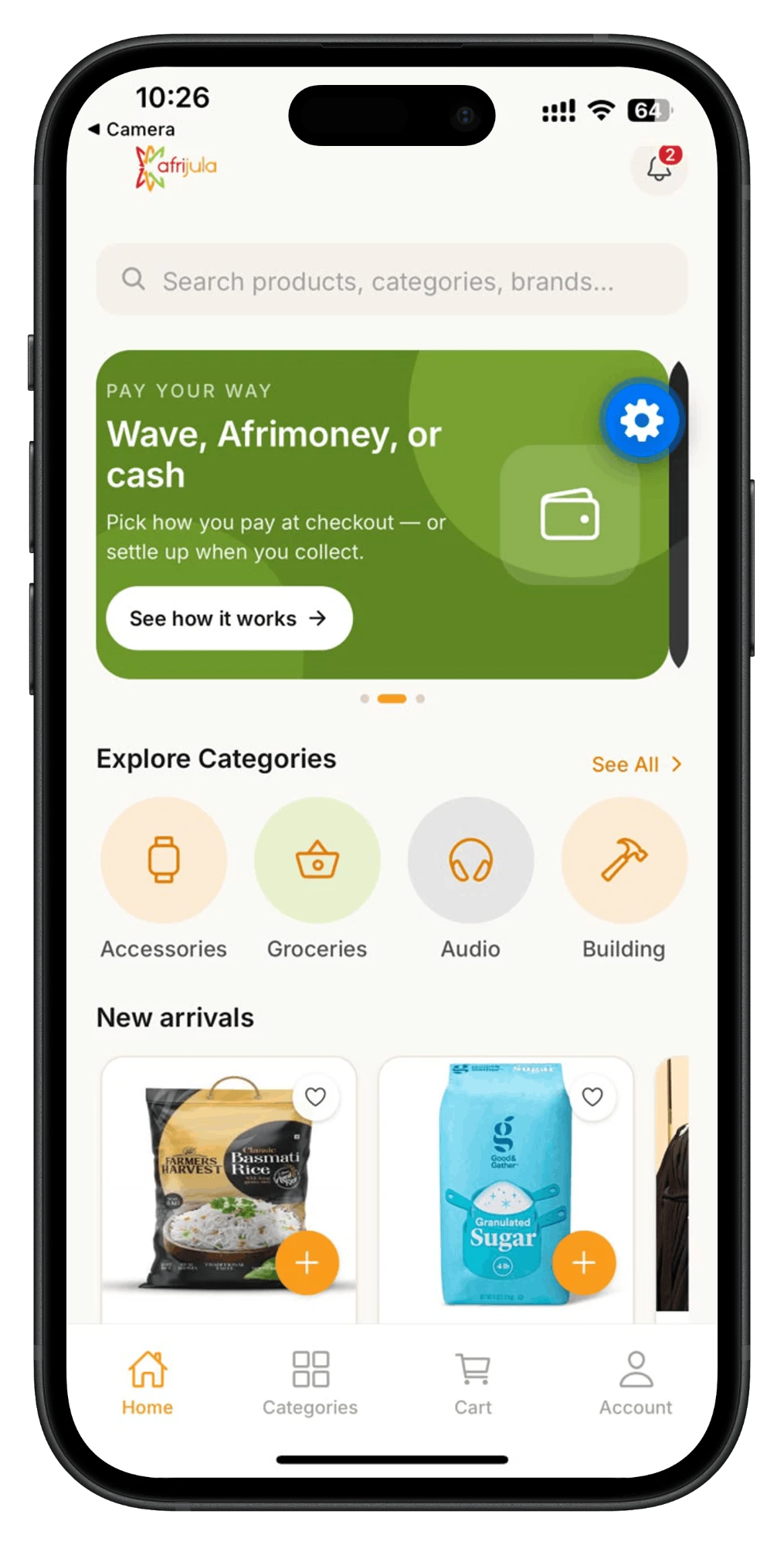 The Afrijula app home screen: search, categories and new arrivals